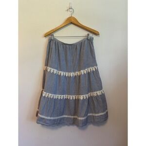 Rose and Rose Blue and White Striped Tiered Midi Skirt in Cotton | Size Medium